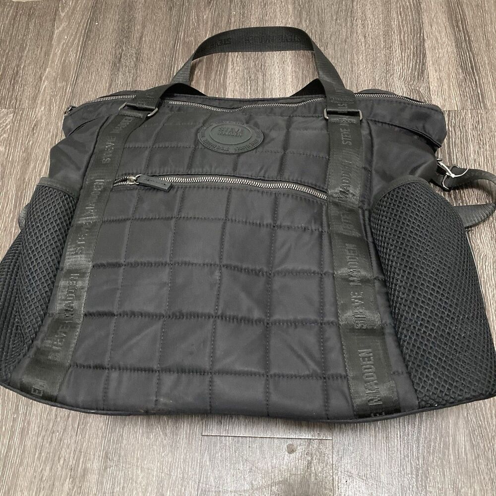 Steve Madden Black Quilted Nylon Large Zip Duffle Tote Weekender Overnight Bag